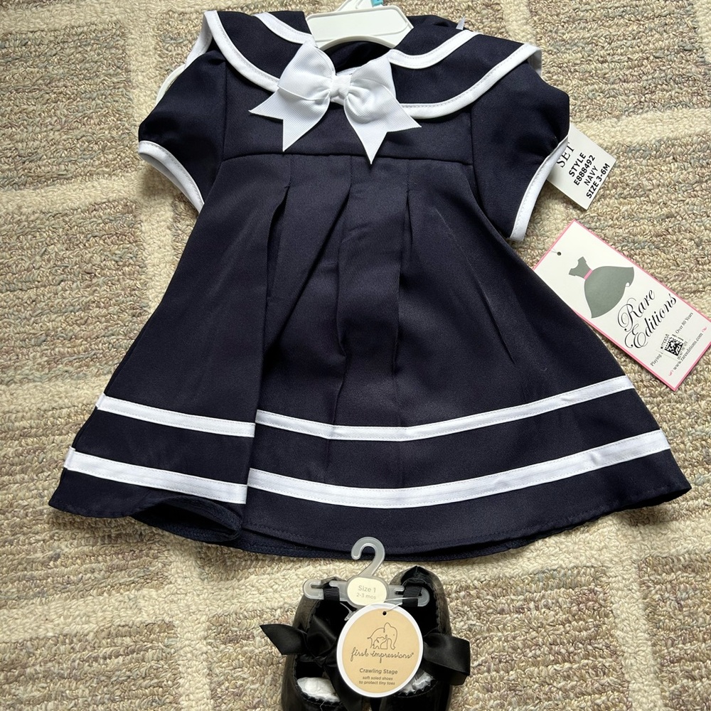 NWT: Infant Navy Blue Sailor Dress with White Bow